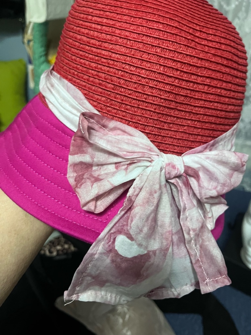 Badgley Mischka Red Top & Hot Pink Brim Straw Hat with Bow